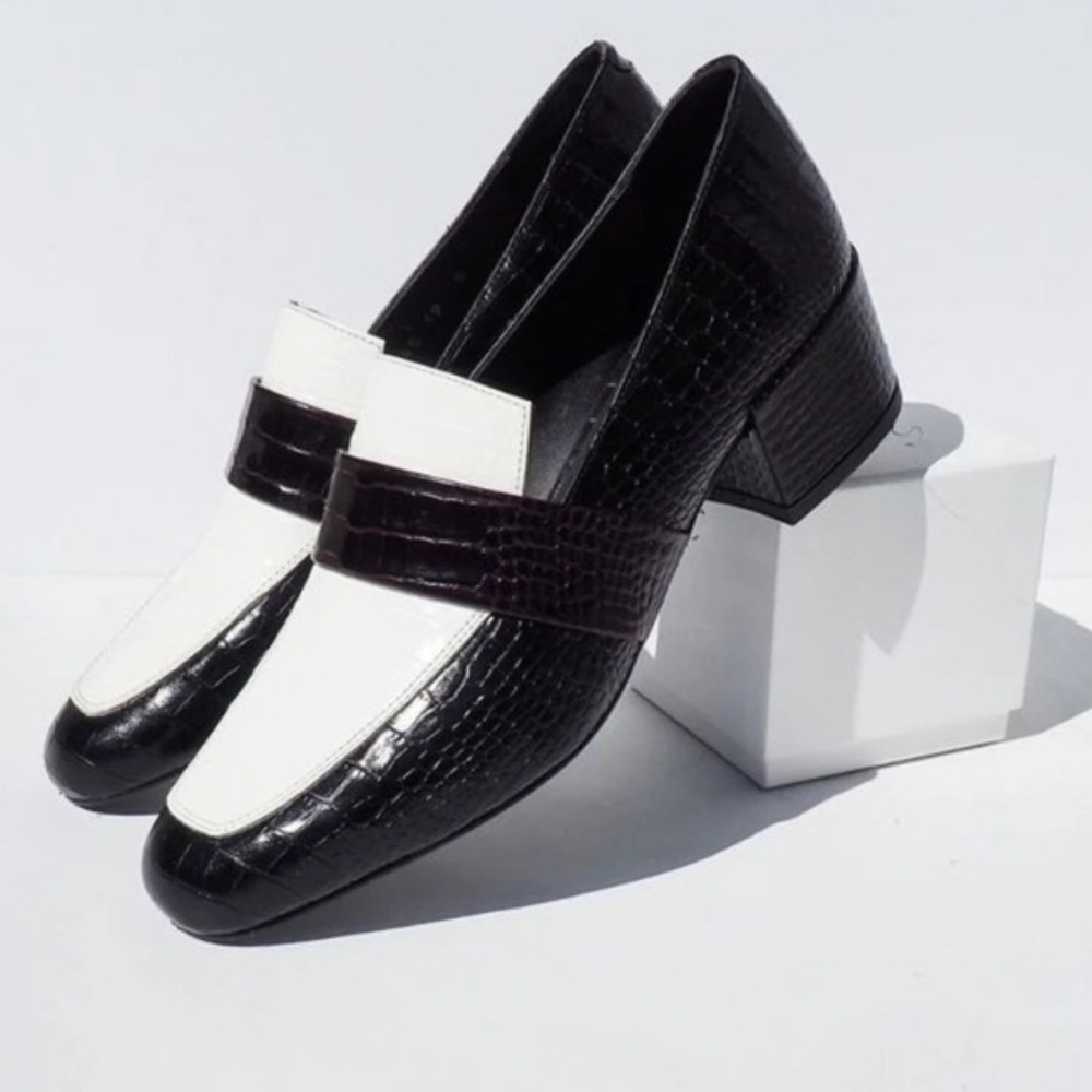 Freda Salvador Womens Rock Two Tone Croc Embossed Loafers Black White Slip On 10